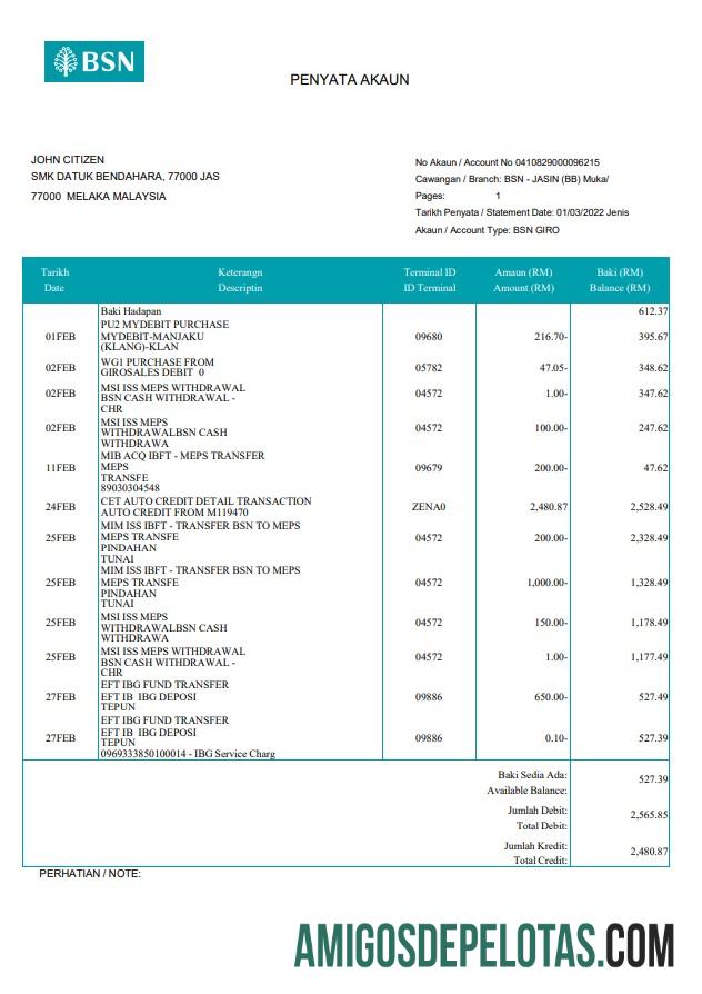 Exemplo de extrato bancário BSN da Malásia